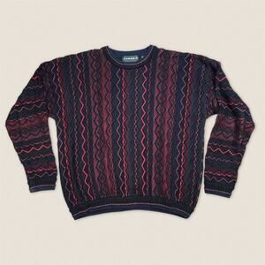Vintage 90s Tundra Zig Zag Pattern Red Black Grandpa‎ Sweater - Size Large